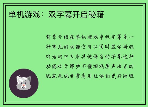 单机游戏：双字幕开启秘籍